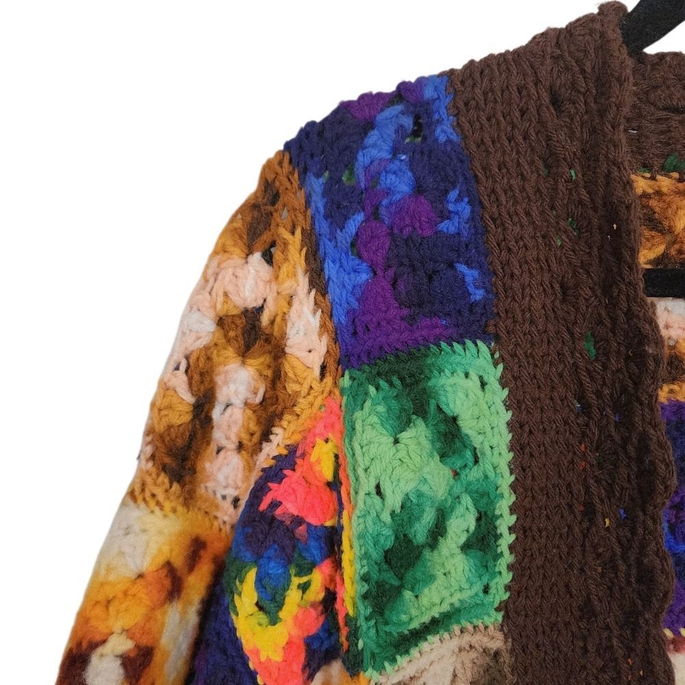 Vintage Handmade Sweater Cardigan S Patchwork Granny Square Grandma Festival - Picture 4 of 6